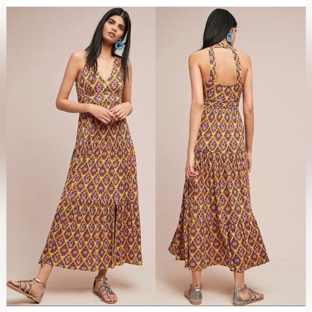 Anthropologie Maeve Summer Maxi Dress Medium V Neck Button Closure Rayon Spandex